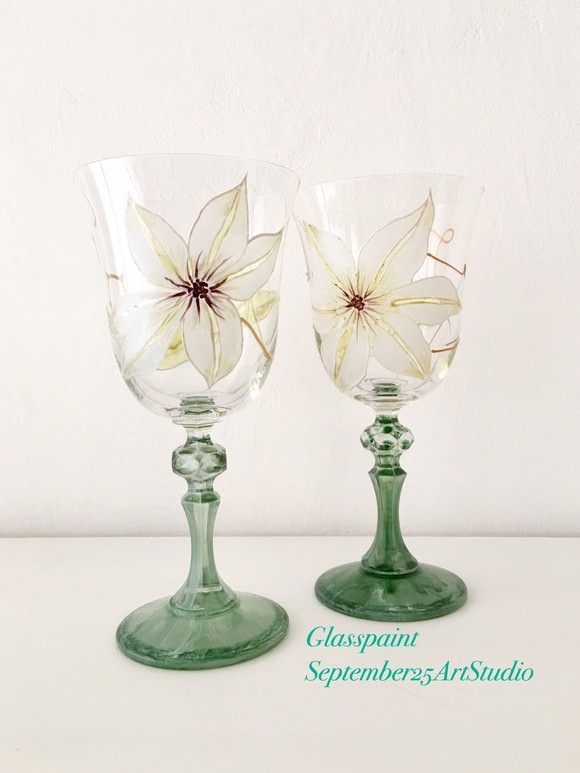 September25ArtStudio【クレマチス】大理石風ペイントワイングラス